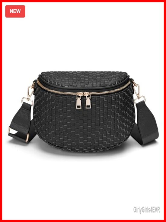 Handbags - Woven Vegan Leather Checkered Crossbody Bag with Zipper